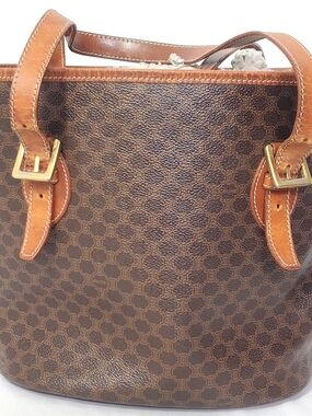 Celine Brown Leather-Trim Monogram Tote with Gold Hardware